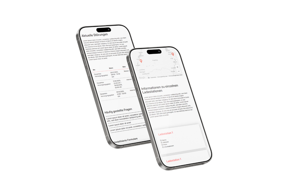 EVU-Webseite auf Mobilgerät mit öffentlichen Ladestationen, Störungsübersicht und häufigen Fragen