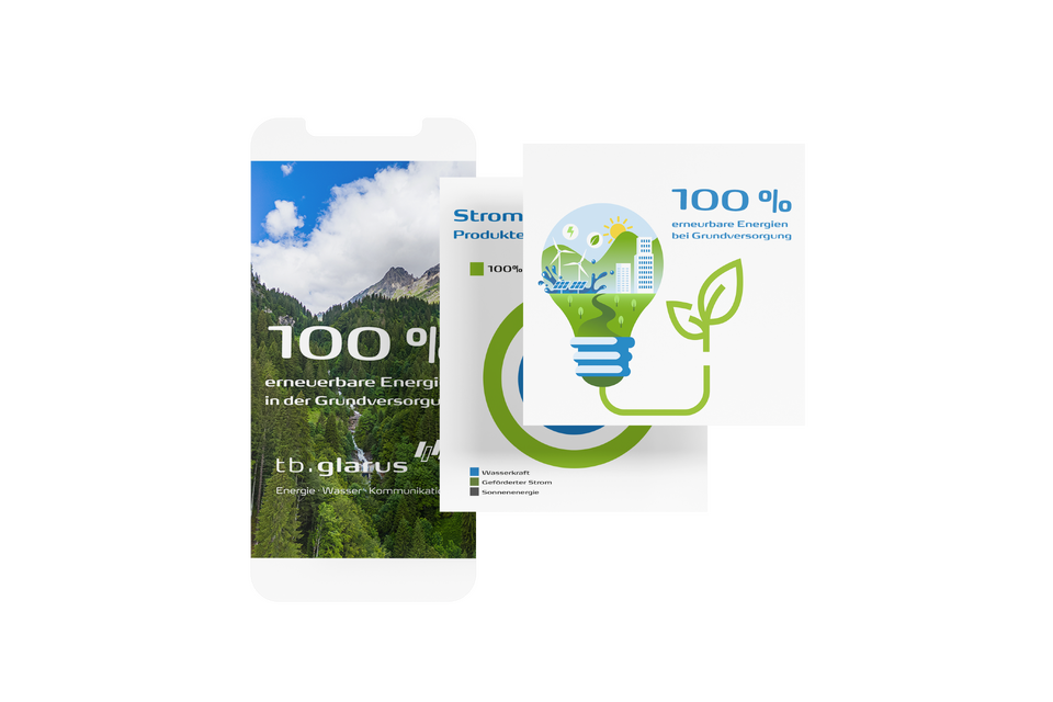 Social Media Content-Beispiel eines Energieversorgers: tb.glarus zeigt 100 % erneuerbare Energie mit Visualisierungen und Infografik